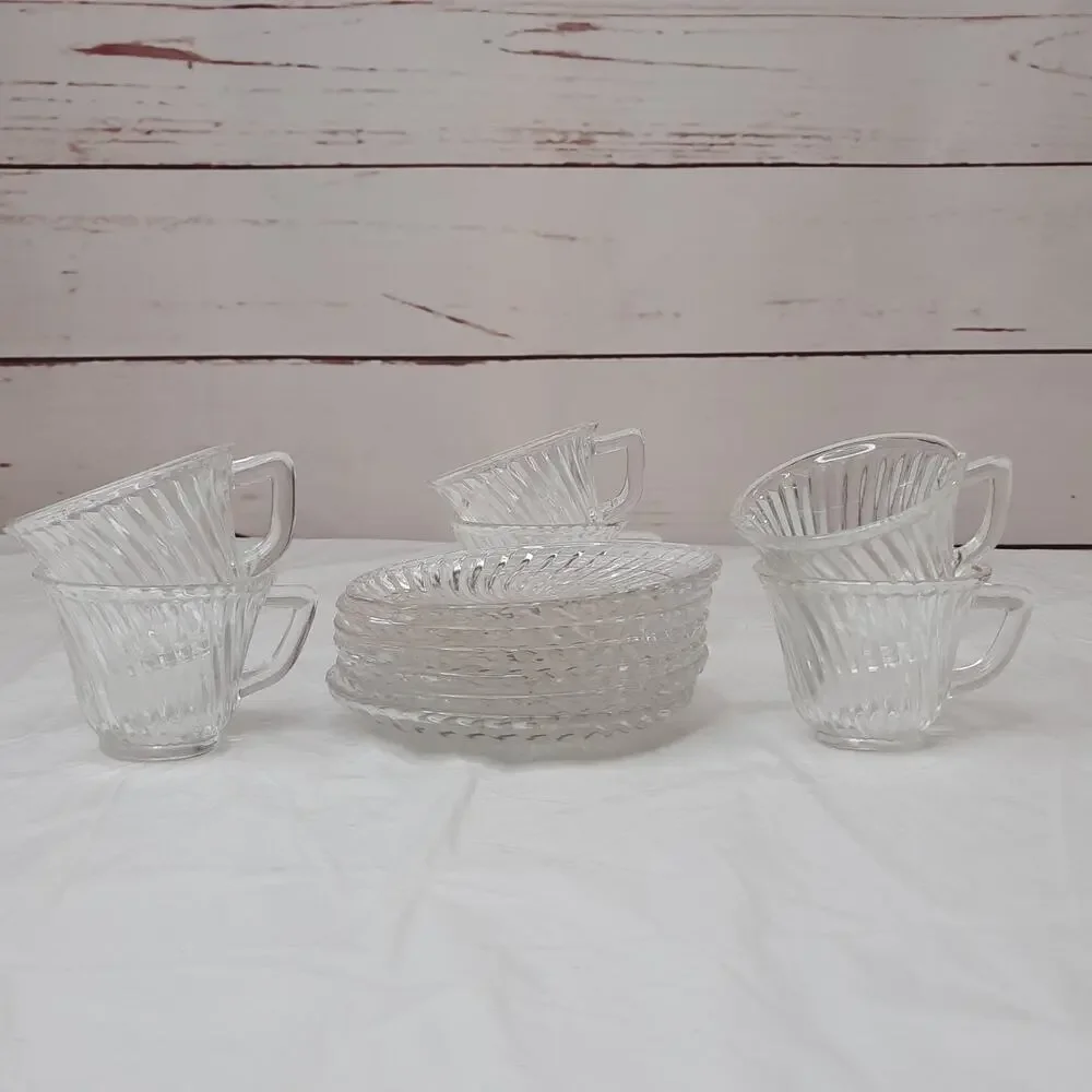 6 FEDERAL GLASS Clear Diana Pattern Swirl Demitasse Cup & Saucer Sets Depression